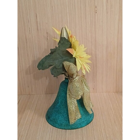 Rustic Metal Blue Ringing Bell with Sunflower Gold Bow Country Farmhouse Decor - Picture 3 of 11